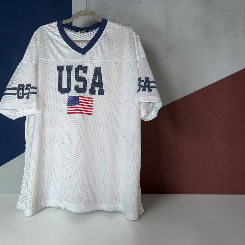 Forever 21 Mens USA Flag Mesh Jersey Top White Navy Blue Sporty Streetwear Large